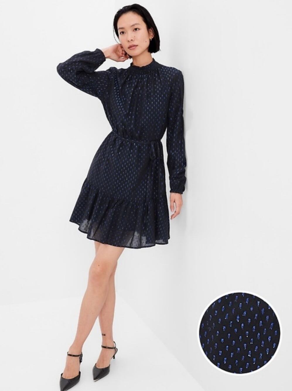 GAP Dress Smocked Neck Metallic Clip Dot NWT BLack Ruffle Whimsigoth Fairy Large